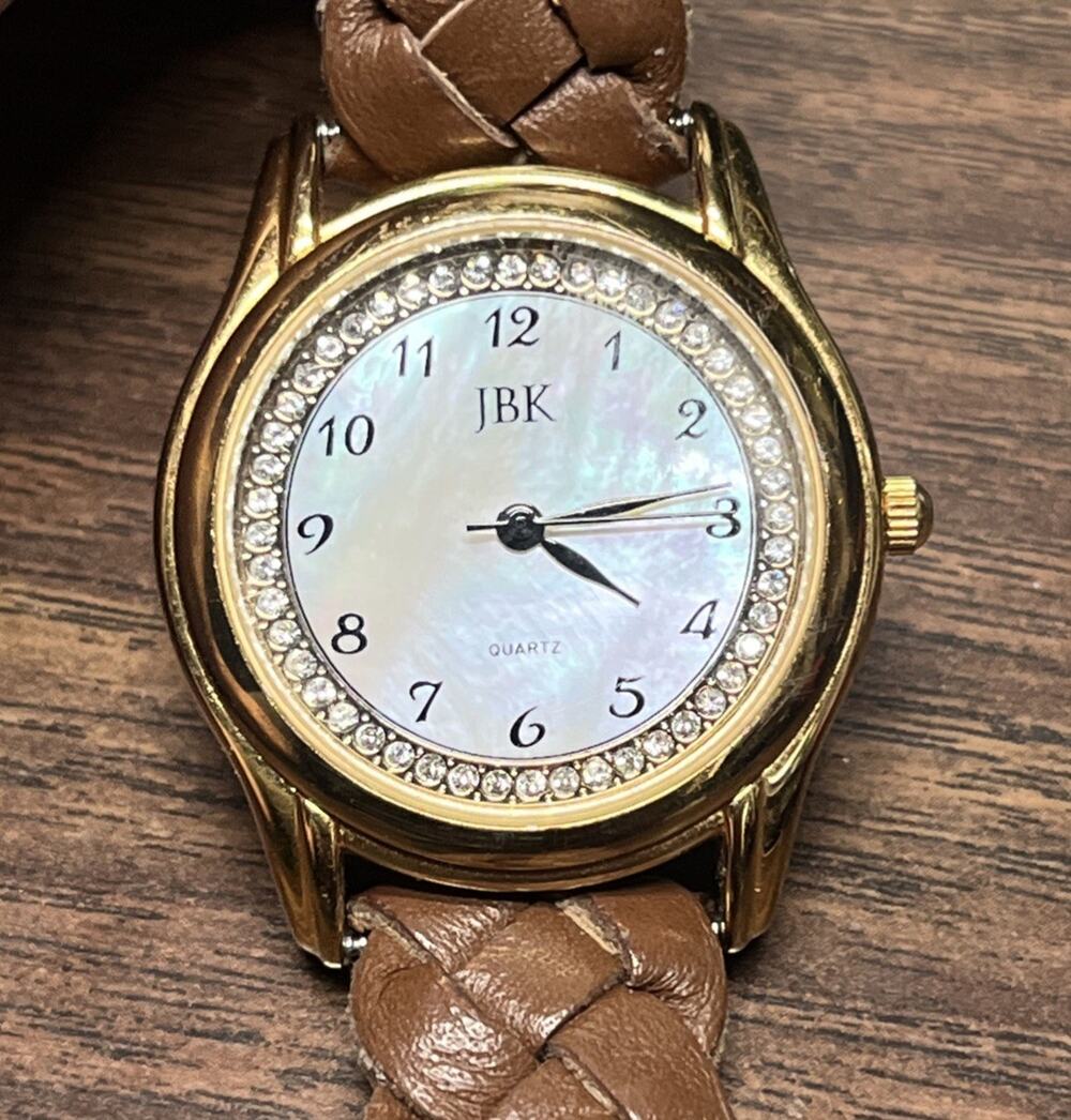 JBK Women's Watch Camrose Kross Gold-Tone Brown Braided Leather Strap Pearl Dial